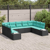 Garden Sofa Set 9 pcs Black and Turquoise Poly Rattan