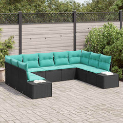 Garden Sofa Set 9 pcs Black and Turquoise Poly Rattan