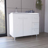 Aphrodite Base Cabinet , Three Drawers, Double Door, Four Legs -White