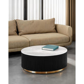 1pc Round Cocktail Table Marble Top Gold Accent Plinth Base Black White And Gold Finish Primary Living Room