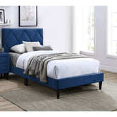 Twin Size Bed w Adjustable Headboard 1pc Bedframe, Navy Blue Velvet Upholstered Youth Bedroom Furniture