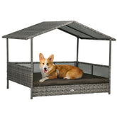 Outdoor Dog Bed with Canopy, Rattan Dog Bed with Soft Cushion Removable Cover for Medium and Large Dogs, Charcoal Gray