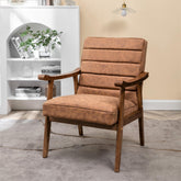Mid-Century Modern Accent Chair, Solid Wood Frame Leather Look Microfiber Armchair with Open-Framed Arm Design, Plush Padded Seat and Back Cushion for Living Room Bedroom