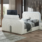 Tale White Teddy Sherpa & Chrome EK Bed w/LED, TV Cabinet, Fireplace & Bluetooth