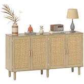 Bohemian Sideboard, 62.2" Buffet Cabinet with 4 Rattan Doors and Shelves for Living Room, Hallway, Natural