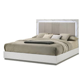 Hecuba Queen Bed – Two-Tone High-Gloss Marble & Lacquer Finish with LED Lighting, Padded Headboard