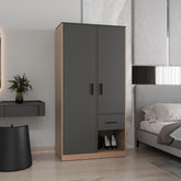 Clytemnestra 2-Door One Drawer Amoire with 2 Cabinets, Two Hanging rods and Four Shelves in Matt Gray and Natural Oak
