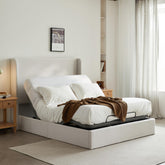 Lyra Upholstered Wingback Bed with Adjustable Base Bundle Set, Queen Size / Textured Ivory Canvas Chenille, Head & Foot Incline, Zero Gravity, Massage, App & Remote Control, Easy Assembly, No-Noise