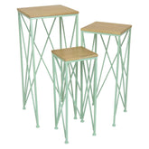 Odysseus 3pc Nesting Plant Stand Table, Brown Wood, X Cross Green Metal