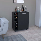 Bar -coffee cart 32" H, Kitchen or living room cabinet storage with 4 wheels, with 6 bottle racks, a central shelf covered by 1 door, ideal for storing glasses and snacks, Black