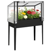 Raised Garden Bed with Flip-Up Greenhouse Cover, Metal Elevated Garden Bed with Legs and Drainage Hole, Black