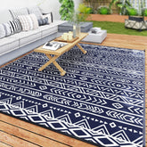 Reversible Outdoor Rug, Waterproof Plastic Straw with Carry Bag, 8' x 10', Blue & White Geometric