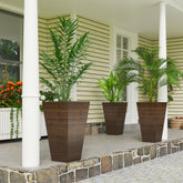 Set of 3 Tall Planters, 28" Outdoor Planter w/ Drainage Holes, Faux Wood Plastic Flower Pots, Brown