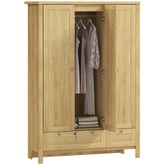 3 Doors Wardrobe Closet with 2 Drawers, Bedroom Armoire with Lockable Drawer, Hanging Rod and Storage Shelves, Natural