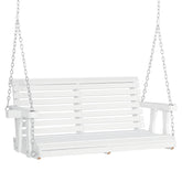 46" 2-Person Porch Swing Wooden Patio Swing Bench with Cup Holders, Slatted Design, Chains, 440lb Weight Capacity, White