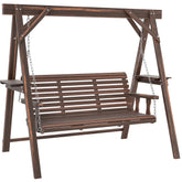 3 Seat Wooden Porch Swing with Stand, Patio Swing with Side Tables, for Garden, Poolside, Backyard, Carbonized Brown