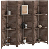6 Panel 67" Tall Wood Privacy Screen Room Divider with 3 Shelves and Folding Storage for Bedroom, Walnut