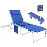 Tanning Chair with Face Hole and Side Table, 5-Position Folding Outdoor Chaise Lounge Chair, Navy Blue