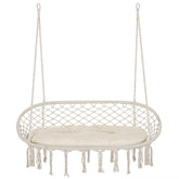 2-Person Hammock Chair Macrame Swing with Soft Cushion, Hanging Cotton Rope Chair for Indoor Outdoor Home Patio Backyard, White