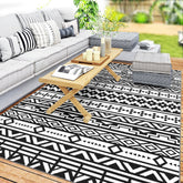 Reversible Outdoor Rug, Waterproof Plastic Straw with Carry Bag, 6' x 9', Black & White Geometric Wall