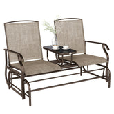 2-Person Outdoor Glider Bench w/ Center Table, Steel Frame for Backyard Garden Porch, Brown