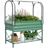 Raised Garden Bed with Legs and Cover, Metal Elevated Planter Box with Bottom Shelf and Liner for Vegetables, Green