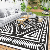 Reversible Outdoor Rug, Waterproof Plastic Straw with Carry Bag, 9' x 18', Black & White Square Patchwork