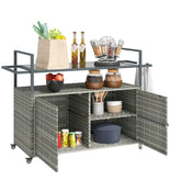2-Tier Shelf PE Rattan Outdoor Bar Table, Glass Top Outdoor Serving Cart with Cabinet, Mixed Gray