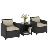 3 Piece Patio Bistro Set, Wicker Furniture Set with Thick Cushions, Glass Coffee Table and Chairs for Garden, Beige