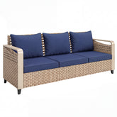 Rattan Wicker Sofa 3-Seater Outdoor Patio Sofa with Cushions for Garden Backyard Porch Dark Blue