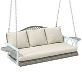 3 Person Wicker Hanging Outdoor Patio Porch Swing Bench with Cup Holders, Cushions, and Chains, Natural