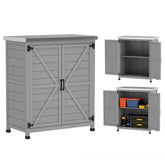 Wooden Storage Cabinet, Outdoor Prep Table with Metal Tabletop, Shelves and Double Doors for Patio, Garden, Gray