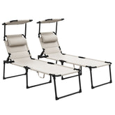 2 Pcs Outdoor Lounge Chair, 4 Position Adjustable Backrest, Folding, Cushioned w/ Sun Shade Roof & Pillow, Cream White