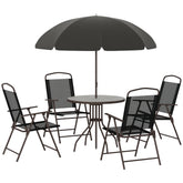 6 Piece Patio Dining Set for 4 with Umbrella, Outdoor Table and Chairs with 4 Folding Dining Chairs & Round Glass Table for Garden, Backyard and Poolside, Black and Coffee