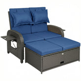 Patio Rattan Daybed, Wicker Outdoor Daybed with Storage Ottoman, Loveseat w/ Adjustable Backrest, Navy Blue