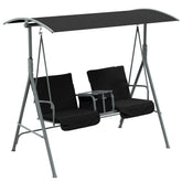 2-Seater Outdoor Porch Swing with Canopy and Table, Patio Swing Chair for Garden, Poolside, Backyard, Black