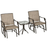 3 Piece Outdoor Glider Chair with Coffee Table Bistro Set, 2 Patio Rocking Swing Chairs with Breathable Sling Fabric, Glass Tabletop, for Backyard, Garden and Porch, Mixed Brown