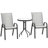 3 Pieces Bistro Set, Small Patio Furniture Set with Stackable Chairs and Glass Table for Backyard, Balcony, Gray
