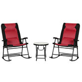 3 Piece Outdoor Patio Furniture Set with Glass Coffee Table & 2 Folding Padded Rocking Chairs, Bistro Style for Porch, Camping, Balcony, Red
