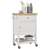 Kitchen Island on Wheels, Rolling Kitchen Cart with Rubberwood Top, Drawer, Wine Rack and Cabinet, White