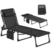 Chaise Lounge Chair Outdoor, 5-Position Adjustable Sun Tanning Chair with Carrying Handle and Side Pocket, Folding Bed Cot with Removable Pillow for Garden, Beach, Patio, Pool, Camp, Black