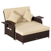 Patio Rattan Daybed with Cushions, Wicker Outdoor Bed Lounger w/ Loveseat, Storage Ottoman, Coffee & Side Tables, for Poolside, Porch, Backyard, Beige