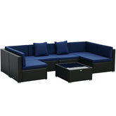 7 Piece Patio Furniture Set, Wicker Outdoor Sectional Sofa Set, All Weather PE Rattan Outdoor Furniture Conversation Sets with Cushions, Glass Top Coffee Table, Pillows, Dark Blue
