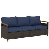 3 Seater Outdoor Couch Sofa, PE Wicker Patio Sofa, Wide Deep Seat, 4" Cushions, Wood-Effect Armrests Legs, Dark Blue