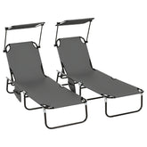 Pool Chaise Lounge Chairs Set of 2, Folding Lounge Chairs with Sunshade, Reclining Back, Steel Frame, Dark Gray