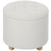 18" Round Ottoman with Storage, Teddy Fleece Button Tufted Foot Stool with Lid, Wood Legs for Living Room Hallway, White