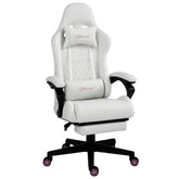 High Back PU Leather Gaming Chair, Racing Computer Chair with Swivel Wheels, Retractable Footrest, Headrest, Lumbar Support, and Armrest, White and Pink