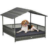 Outdoor Dog Bed with Canopy, Rattan Dog Bed with Soft Cushion Removable Cover for Medium and Large Dogs, Dark Gray