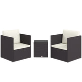 Folding Wicker Bistro Set, 3 Piece Patio Furniture Set with Cushions and Glass Coffee Table for Porch, Balcony, Brown