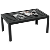 Outdoor Coffee Table, Rectangular Patio Side Table with Steel Frame and Slat Tabletop for Garden, Balcony, Black